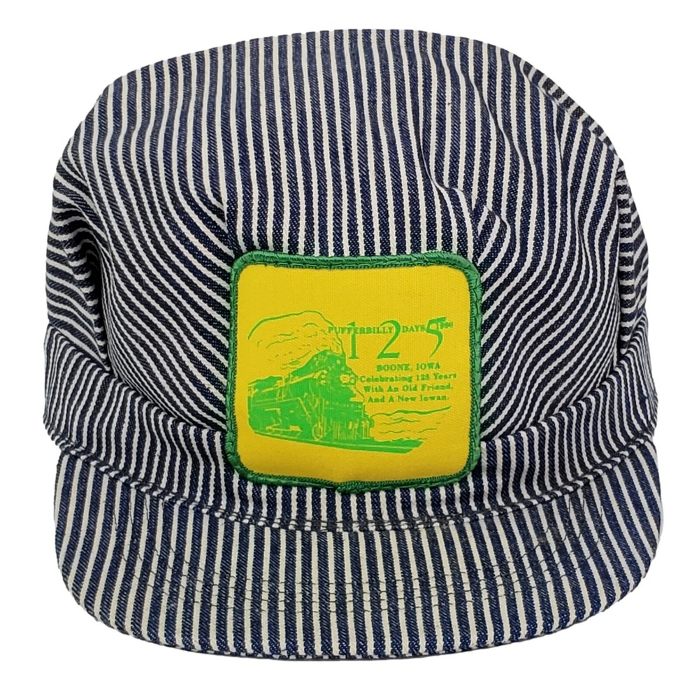 Vintage Pufferbilly Days 1990 Engineer Hat OS Blue Hickory Stripe Denim USA Made